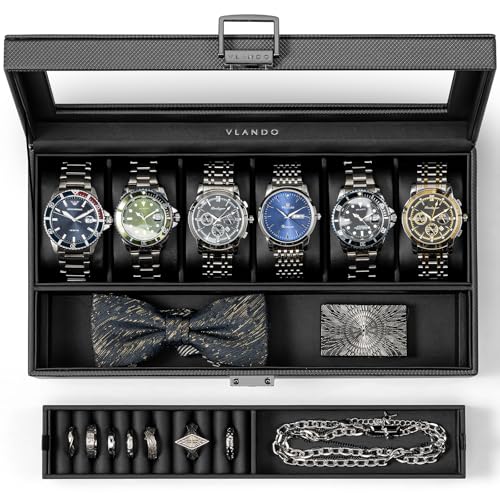 VLANDO Watch Box for Men, 6 Slot Watch for Case with Valet Tray, Black | Six soft watch pillows pair with a valet tray and ring storage, keeping watches and accessories together beneath a clear lid - color: D.Black
