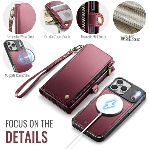 Defencase for iPhone 17 Pro Case Wallet Compatible with Magsafe, Wine Red | Drop-Proof Magnetic Detachable Phone Cases Cover, with RFID Bolcking Card Holder, Zipper Strap, PU Leather, Removable Wallet - color: (Detachable with Magsafe)-Wine Red