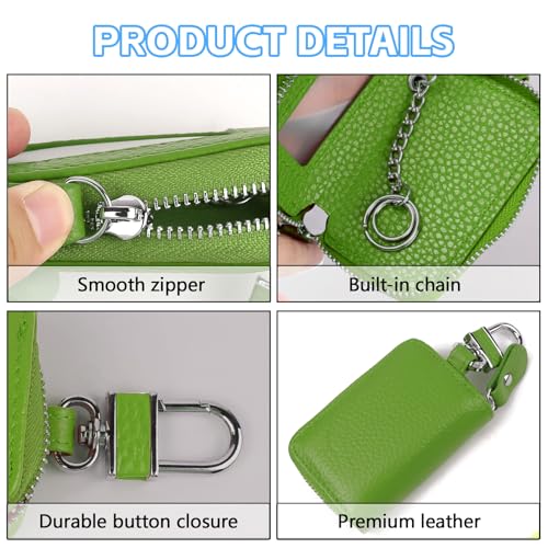 Wuyaoyao Car Key Fob Cover, Genuine Leather Car Key Case Holder with Keychain, Universal Auto Smart Key Protector Case for Men Women (Green) - color: Green