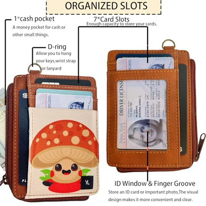 Wallet Rfid Card Holder Credit Cardholder for Women Men Thin Pocket Card Case Small Slim Minimalist Keychain Wristlet Wallets Leather (Mushroom) - color: Mushroom