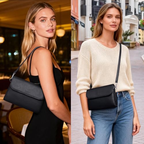 RFID Crossbody Bags for Women Vegan Leather with 2 Straps White | Purse Shoulder Bag Travel Cell Phone - color: Black