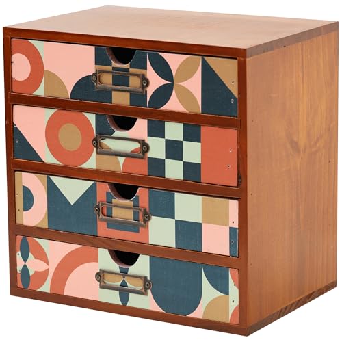 Mid-Century Modern Geometric Pattern Desk Organizer - Earth Tone Desktop Storage with 4-Drawer - Retro Modern Wood Cabinet for Office Supplies, Craft Tools, & Home Organization - MCM Drawer Unit - color: MCM Earthtone Grid