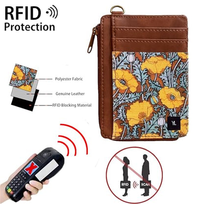 Credit Card Holder RFID Blocking Slim Wallet Women Front Pocket | Mini Small Leather Wallet with ID Window Cash Purse Cute Minimalist Travel Gift for Women Lightweight Card Holder - color: dandelion