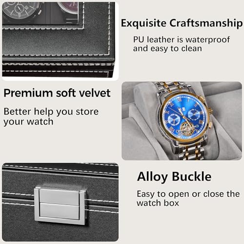 BEWISHOME Watch Case, 20-Slot Watch Box Organizer with Large Glass Lid | Watch Cases for Men with Removable Watch Pillows, Synthetic Leather, Watch Storage Box, Watch Display Case, Black SSH04B - color: Black+Gray
