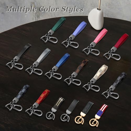 OHKYOOT Leather Car Keychain for Home Car Keys | Carabiner Clip Key Fob Keychain for Women Men,Car Key Holder with 3 Key Ring and Anti-Lost D Ring - color: Grid Off White