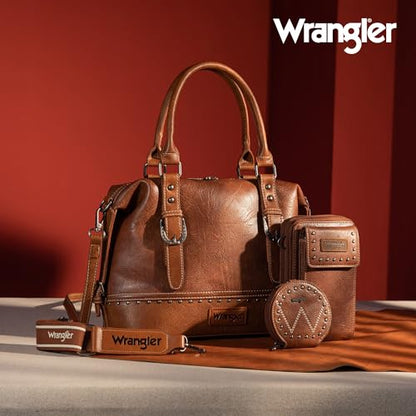 Wrangler 3Pcs Doctor Bag Sets for Women Top-handle Satchel Bag with Cell Phone Handbag and Coin Purse - color: Eye-catching Brown