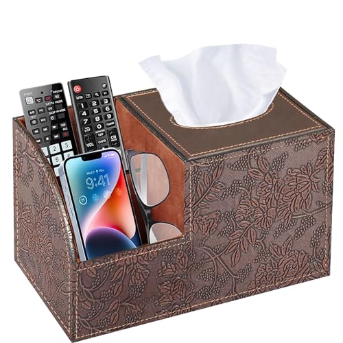 PU Leather Square Tissue Box Cover - Multi-Functional Tissue Box Holder | Tissue Box Cover with Storage ,Tissue and Remote Control Holder, Cube Tissue Box Organizer Bedroom Nightstand End Table - color: Retro