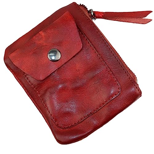 Genuine Cowhide Coin Purse for Men, Women Leather Coin Pouch Zipper Coin Purse Wallet Leather Zipper Storage Bag Coin Organizer (Red) - color: Red