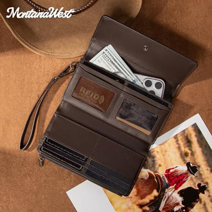 Montana West Women's Wallets Large Capacity Cell Phone Wristlet for Woman Ladies Female Cash Wallet with Wrist Strap and Rfid Lining - color: Coffee