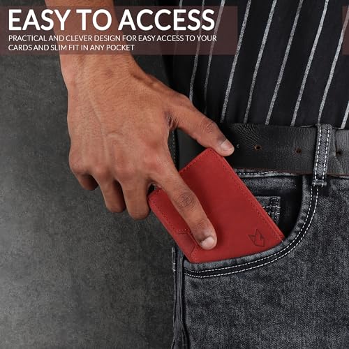 FOXHACKLE Full Grain Leather Credit Card Holder for Men and Women, Slim Bifold RFID Blocking Wallet, Thin Front Pocket Minimalist Wallet, Small Card Case. - color: Hunter Red