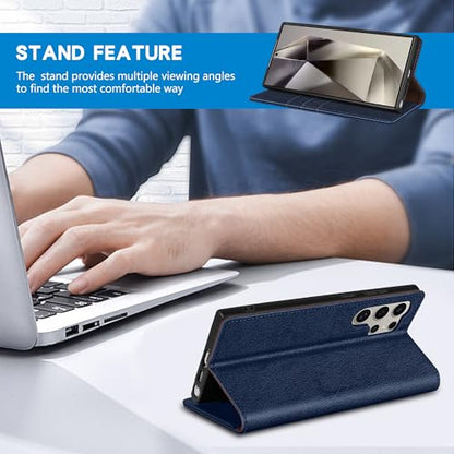 ZZXX for Samsung Galaxy S25 Ultra Wallet Case with [RFID Blocking] Card Slot Stand Strong Magnetic Leather Flip Fold Protective Phone Case for Samsung Galaxy S25 Ultra Case Wallet(Blue-6.8 inch) - color: Blue