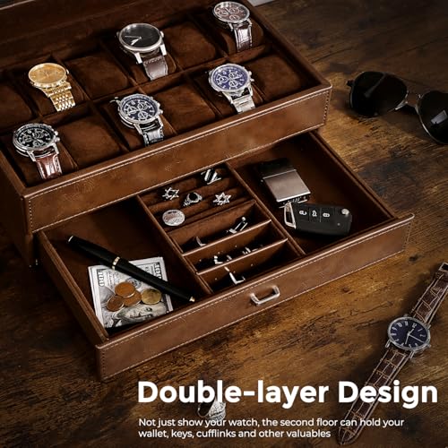 BEWISHOME Watch Cases for Men, 12-Slot Watch Box with Large Glass Lid | 2-Layer Watch Case Organizer with Removable Pillows, Watch Box for Men, Watch Storage, Watch Holder Espresso Lining SSH12Z