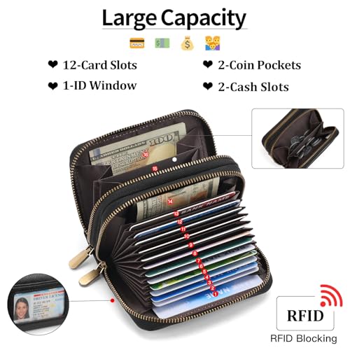 SENDEFN Leather Credit Card Holder Small Wristlet Woman Wallets RFID Blocking Double Zipper with ID Window - color: 1-Black