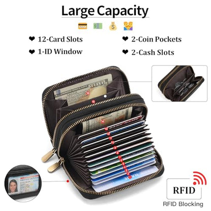 SENDEFN Leather Credit Card Holder Small Wristlet Woman Wallets RFID Blocking Double Zipper with ID Window - color: 1-Black