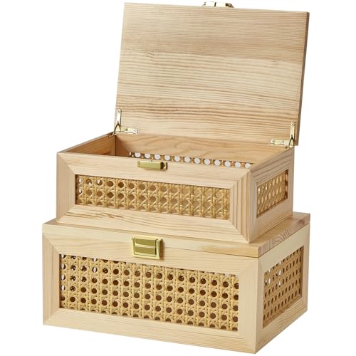 2PCS Decorative Rattan Storage Box Basket with Lid Wooden Frame | Solid Wood Woven Wicker Bins, Jewelry Keepsake Container, Boho Decor, Desk Shelf Closet Organizer, Light Wood, Small&Large - color: Light Wood, size: Set of 2 (1 Large 1 Small)