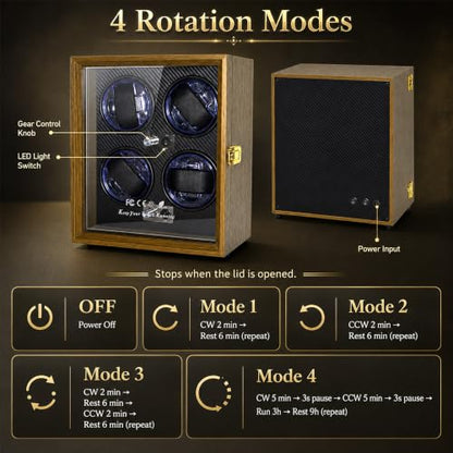 Watch Winder for Automatic Watches, Walnut 4 Slots Winding Watch Box with Japanese Quiet Motor & Blue LED for Rolex and Auto Watches, Wooden Rotating Watch Case Used for Storage, Display & Gift - size: 4 slots
