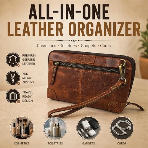 Genuine Leather Makeup Bag Travel Organizer, Premium Handcrafted Cosmetic Pouch with Zipper & Wrist Strap, Durable Toiletry Storage for Women & Men, 5 x 9- Tan - color: Tan Travel Makeup Bag