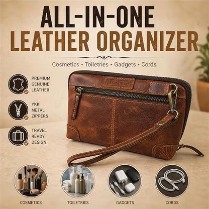 Genuine Leather Makeup Bag Travel Organizer, Premium Handcrafted Cosmetic Pouch with Zipper & Wrist Strap, Durable Toiletry Storage for Women & Men, 5 x 9- Tan - color: Tan Travel Makeup Bag