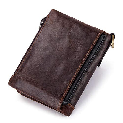 Genuine Leather Bifold Chain Wallet for Men RFID Blocking | Heavy Duty Steel Anti-Theft Chain & 2 Zipper Coin Purse. Perfect for Bikers, Daily Commute, Gift for Dad/Husband - color: Brown