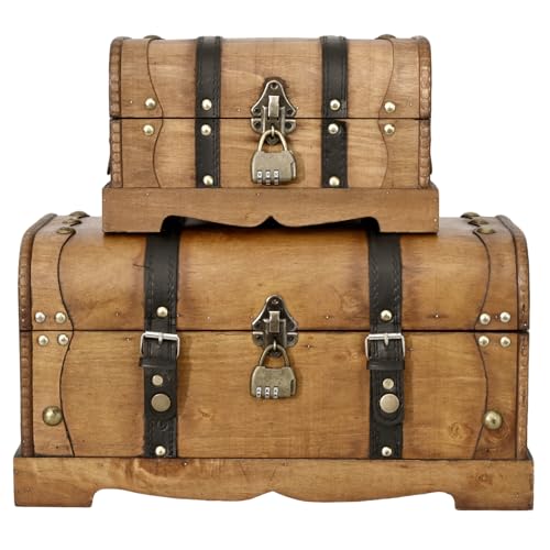 Vintage Wooden Treasure Chest Box with Combination Lock,16"&10" | Decorative Pirate Keepsake Storage Box for Jewelry, Coins, Letters, Collectibles and Home Decor,Brown,Set of 2 - color: Brown, size: 10.24"&15.75"