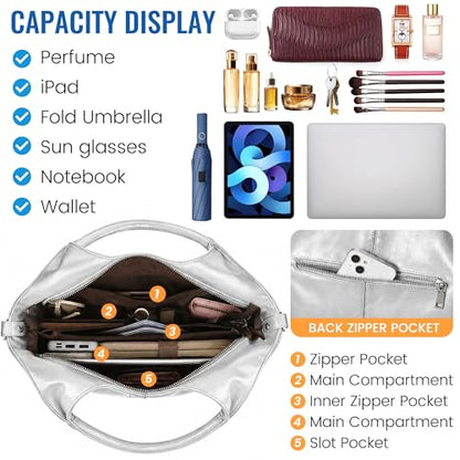KOGTLA Medium Vegan Leather Purses for Women with Detachable Satchel Strap, Ladies Handbags, Tote Hobo Bags with Two-Handle - color: Silver