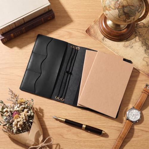 4 Pcs A5 Leather Journal Cover Refillable,Black,A5 Size | Travelers Journal Notebook with 3 Inserts, Inner Pocket Card Holder Pen Slot, Genuine Leather, Travel Gift for Men Women - color: Black