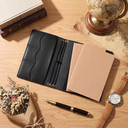 4 Pcs A5 Leather Journal Cover Refillable,Black,A5 Size | Travelers Journal Notebook with 3 Inserts, Inner Pocket Card Holder Pen Slot, Genuine Leather, Travel Gift for Men Women - color: Black