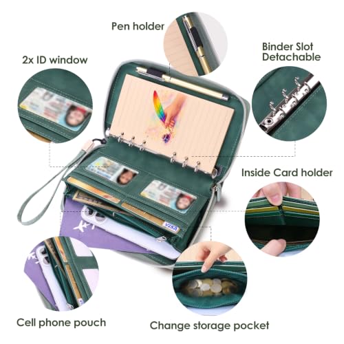 A6 Binder Zipper Budget, Planner for Travel & Study | Faux leather A6 organizer with zipper, cash pouches, lined pages, card slots and pen holder for budgeting. - color: Green2