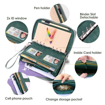 A6 Binder Zipper Budget, Planner for Travel & Study | Faux leather A6 organizer with zipper, cash pouches, lined pages, card slots and pen holder for budgeting. - color: Green2