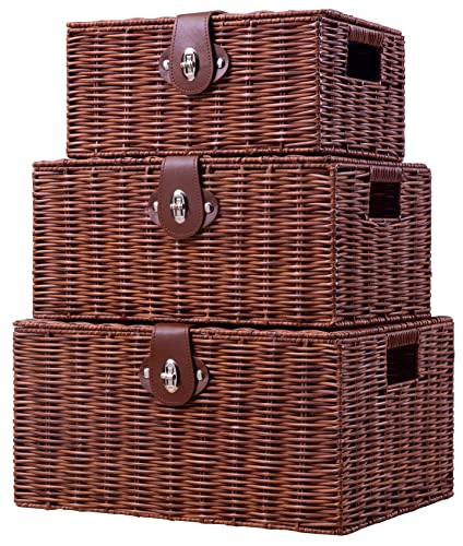 Set of 3 Woven Wicker Storage Basket Box with Lids & Lock, Built-in Carry Handles, Multifunctional Storage Organizer for Nursery, Baby, Toys, CLoset, DVD Large/Medium/Small Size (Natural) - color: Natural