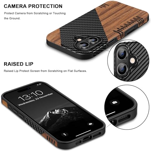 TENDLIN Magnetic Case Compatible with iPhone 16 Phone Case Wood Grain with Carbon Fiber Texture Design Leather Hybrid Slim Cover (Compatible with MagSafe) Twill - color: Magnetic Twill, size: iPhone 16
