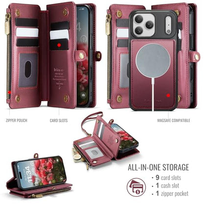 Defencase for iPhone 17 Pro Case Wallet Compatible with Magsafe, Wine Red | Drop-Proof Magnetic Detachable Phone Cases Cover, with RFID Bolcking Card Holder, Zipper Strap, PU Leather, Removable Wallet - color: (Detachable with Magsafe)-Wine Red