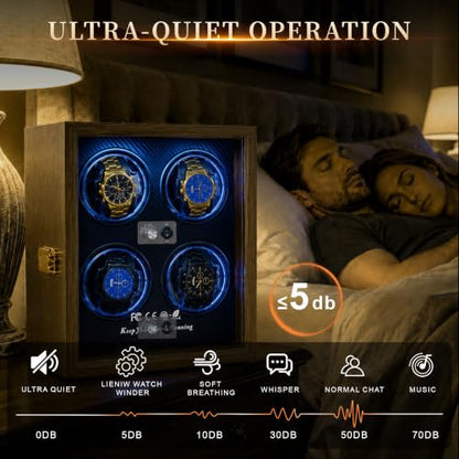 Watch Winder for Automatic Watches, Walnut 4 Slots Winding Watch Box with Japanese Quiet Motor & Blue LED for Rolex and Auto Watches, Wooden Rotating Watch Case Used for Storage, Display & Gift - size: 4 slots