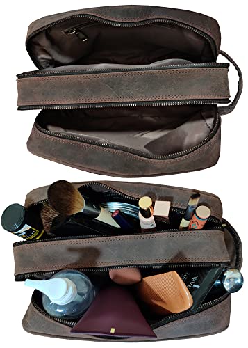 Leather Travel Toiletry Bag for Men, Full Grain Cosmetic Dopp Kit Organizer - color: Dark Brown