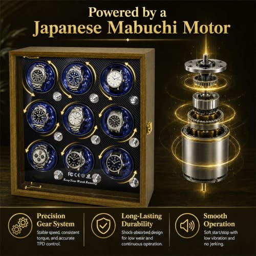 Watch Winder for Automatic Watches, Walnut 9 Slots Winding Watch Box with Japanese Quiet Motor & Blue LED for Rolex and Auto Watches, Wooden Rotating Watch Case Used for Display, Storage & Gift - size: 9 slots