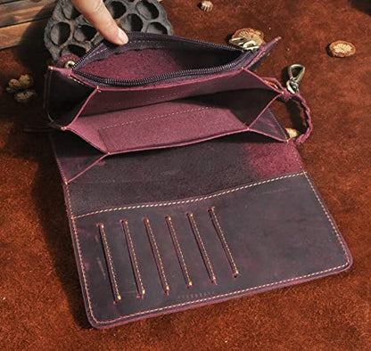 Le'aokuu Mens Genuine Leather Bifold Wallet Organizer Checkbook Removable Chain Wallet - color: E Wine