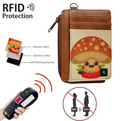Wallet Rfid Card Holder Credit Cardholder for Women Men Thin Pocket Card Case Small Slim Minimalist Keychain Wristlet Wallets Leather (Mushroom) - color: Mushroom