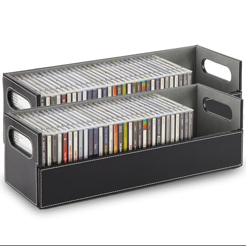 Stock Your Home 2- Pack CD Storage Box, Organizer Shelf for Movie Cases, DVDs, Cassette Tape Display Stand, Disc Holder Can Store Up to 40 CDs, Faux Leather (Black with Gray Interior) - color: Black & Gray Interior
