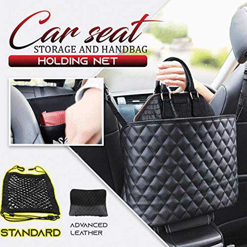 Car Purse Holder - Durable Leather Seat Back Organizer, Front Seat Storage Barrier, Pet & Kids Driver Storage Netting Pouch - color: Black