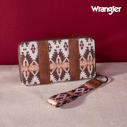 Wrangler Wallet Purse for Women Western Aztec Clutch Wristlet Wallet with Credit Card Holder - color: Light Coffee