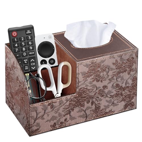 Square Tissue Box Cover with Storage, PU Leather Facial Cube Tissue Holder - color: Archaize