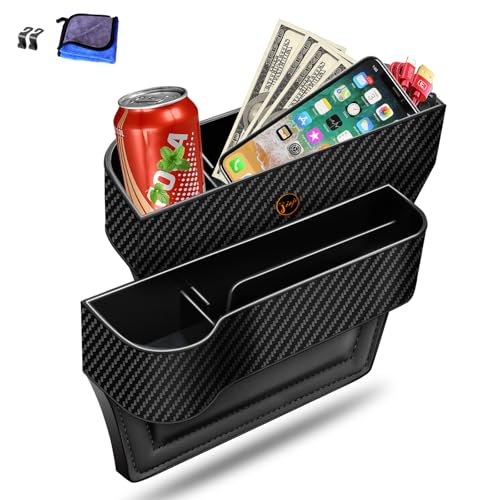 Car Seat Gap Filler Organizer, 2 Pack Multifunctional Auto Console Side Storage Box with Cup Holders 2 Seat Hooks for Drink, Car Organizer Front Seat for Holding Phone, Sunglasses - color: 2-Carbon Fiber