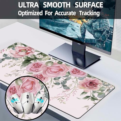 XXL Mouse Pad, Pink Peony Flowers Eucalyptus Green Leaves Large Desk Mat for Desktop, Extended Large Gaming Mouse Pad Mouse Mat with Non-Slip Rubber Base Stitched Edges for Home Office 35.4"X15.7" - color: Pink Peony Flowers Eucalyptus Green Leaves