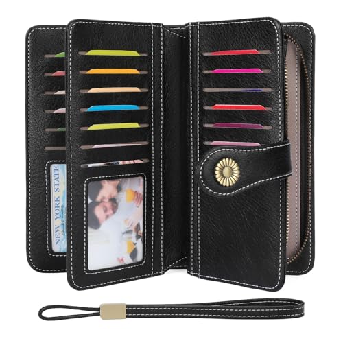 FALAN MULE Wallets for Women Trifold Wristlet Wallets Large Capacity RFID Blocking Ladies Purse Credit Card Holder - color: E-Relief Black