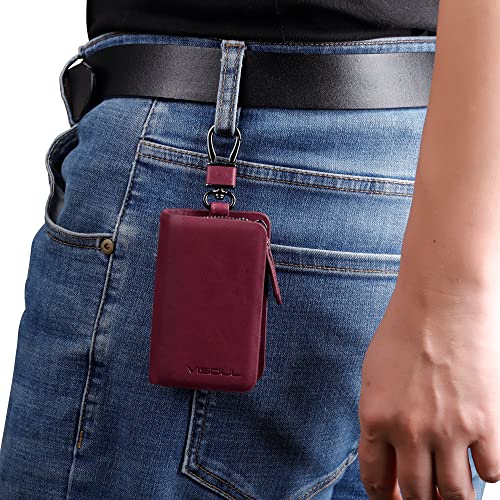 VISOUL Car Key Case Holder Double Zipper, Leather Car Smart Key Fob Case with Keychain for Men and Women - color: Dark Purple