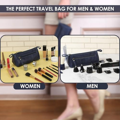 Leather Makeup Bag for Women – Genuine Leather Cosmetic Bag Travel, Handmade Zippered Makeup Pouch, Small Toiletry Bag, Shaving Kit & Stationery Organizer- Blue - color: Blue