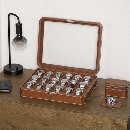 ROTHWELL 18-Slot Watch Case – Luxury Watch Box for Men, Real Glass Top, Lockable, Elegant Display for Collections (Tan/Brown) - color: 18 Slot -Tan / Brown