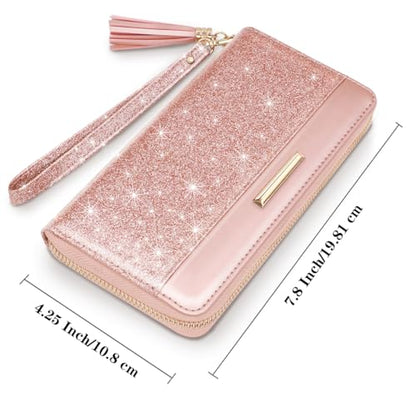 Coco Rossi Pink Glitter Wallet for Women RFID Blocking Credit Card Holder | PU Leather, Zipper Around, Multi Card Case, Clutch with Tassel Wristlet Wrist Strap, Gifts for Girls Ladies - color: A Pink Glitter