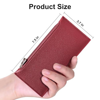 Tipmile Slim Wallet for Women, RFID Blocking Credit Card Holder | Thin Compact Bifold Wallet with Zipper, Ladies Gift - color: Wine Red