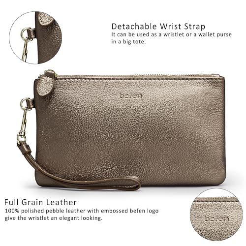 befen Genuine Leather Wristlet Clutch RFID Blocking Bag Cell Phone Purse | Cell Phone Wristlet Clutch for Women, Small Wallet Purses with RFID Blocking Card Slots - color: Metallic Bronze Pewter
